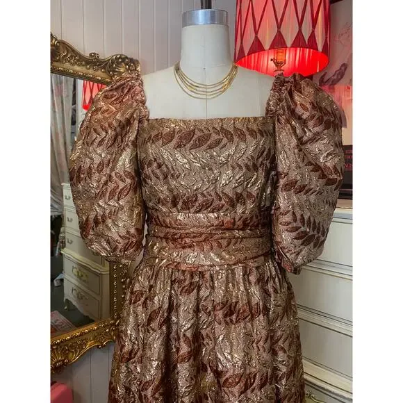 1970s rust and gold brocade formal gown puff sleeves jay jacks metallic ombre sm - Picture 9 of 10